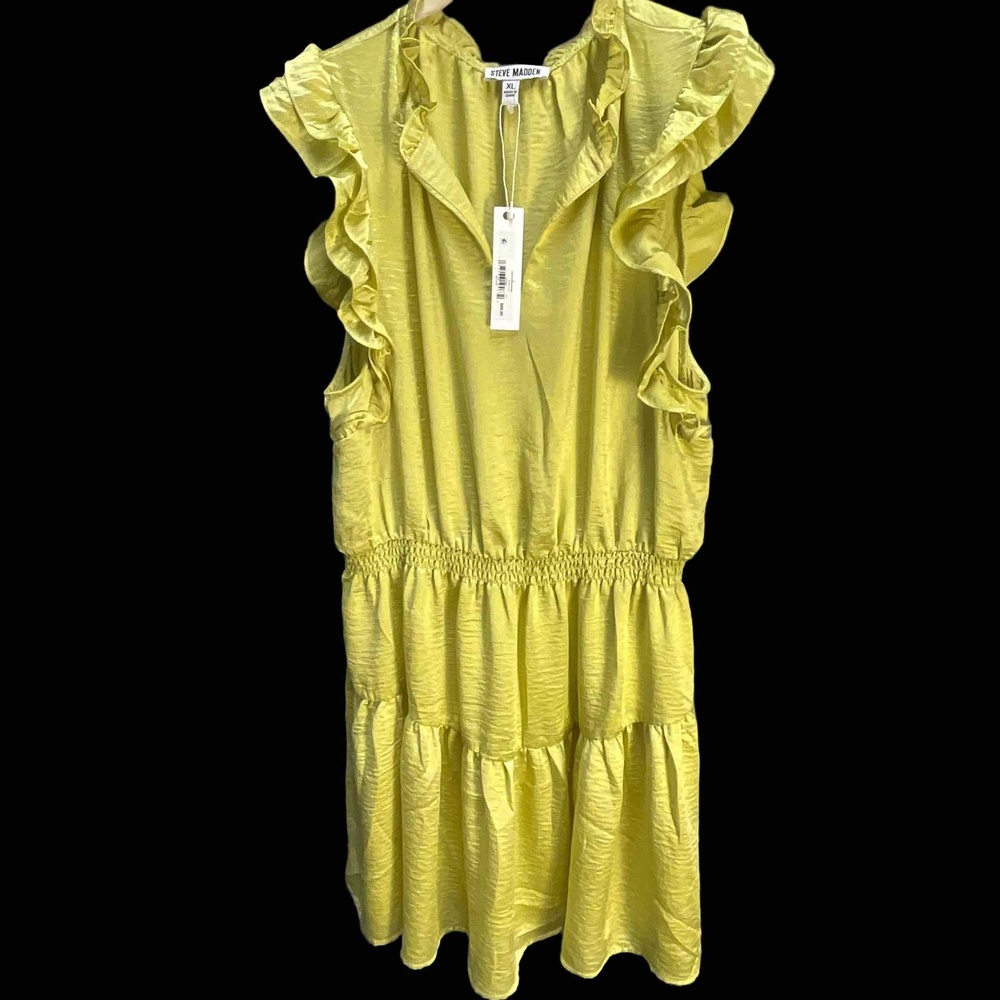 Steve Madden Sage Green Womens Ruffle V-neck Ruched Waist Mini Dress XL NWT